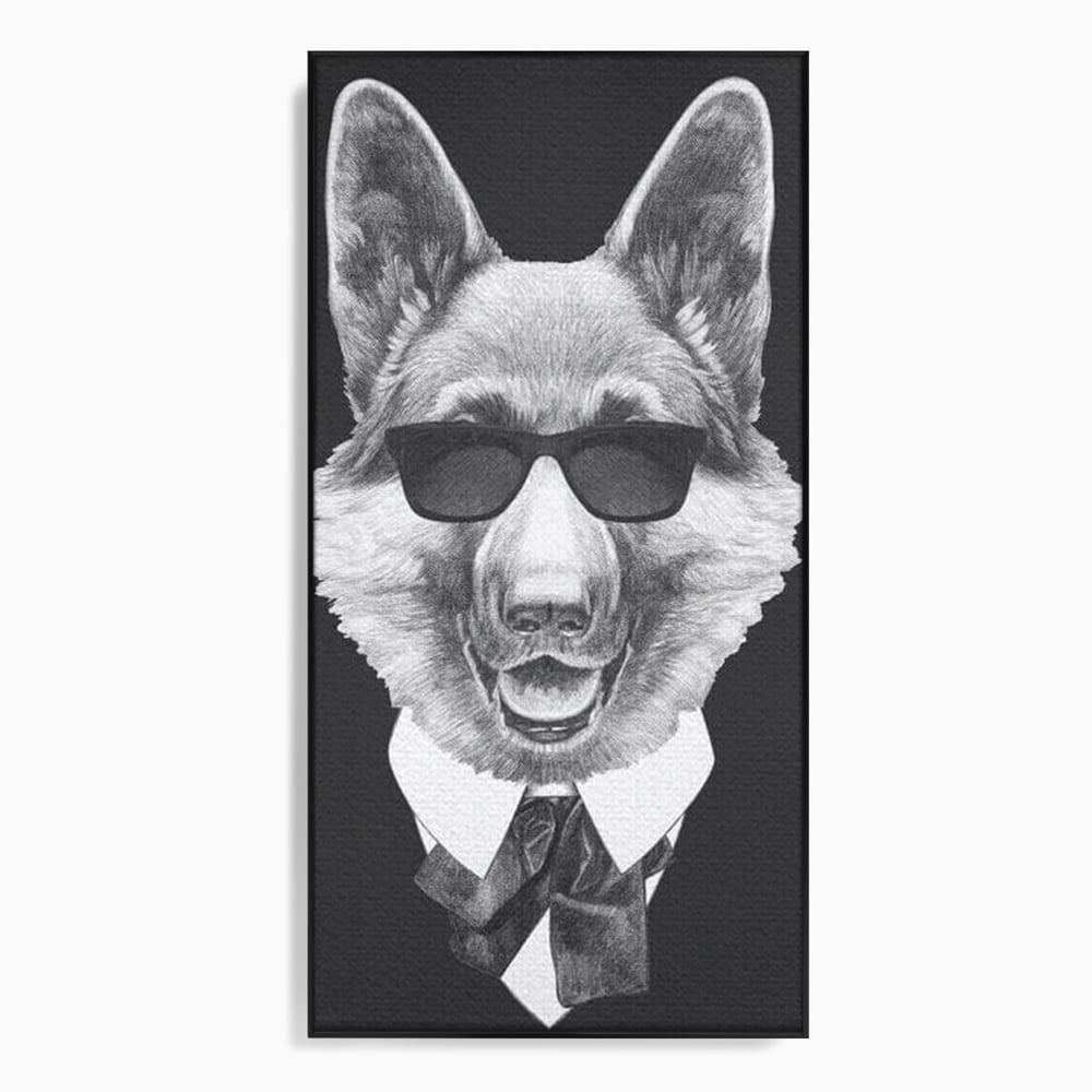 Tablou canvas cu portret ilustrativ caine gentleman, in rama de aluminiu negru